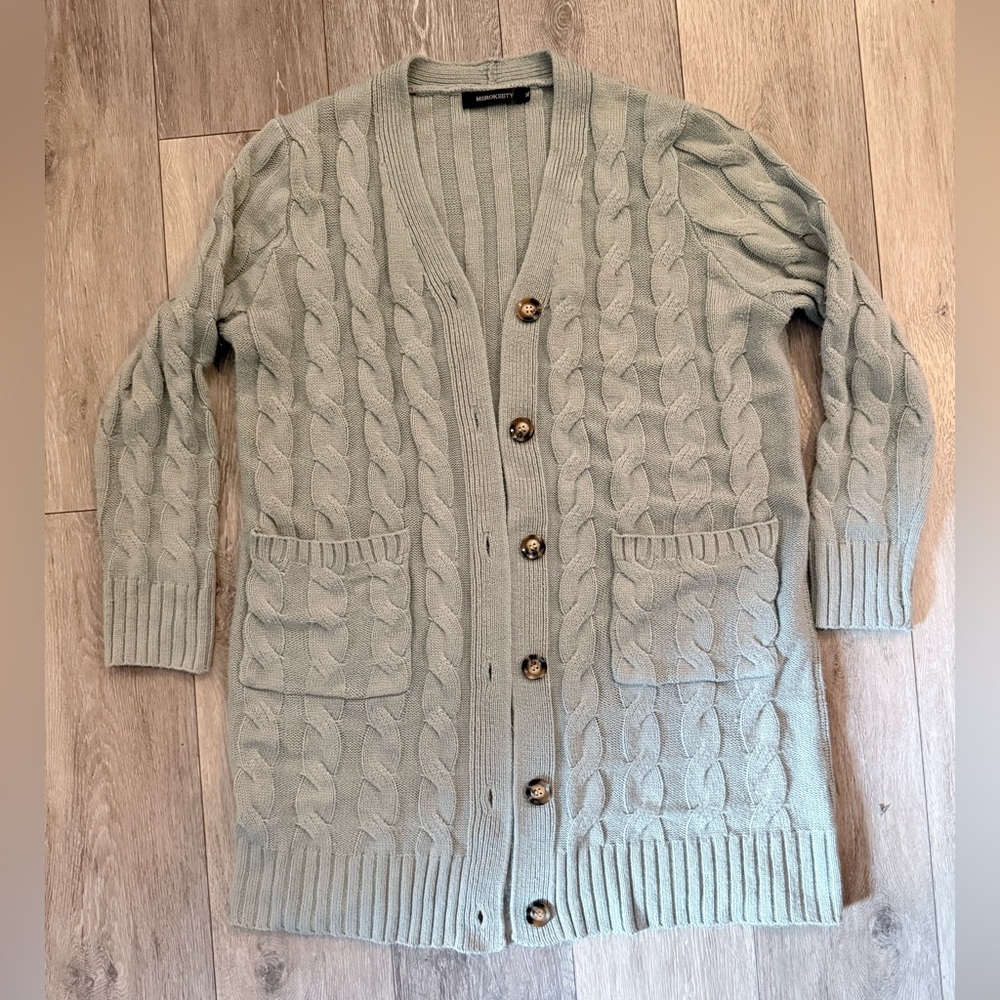 Cable Knit Cardigan with Button Front- women’s XL Mint/Pale Aqua
